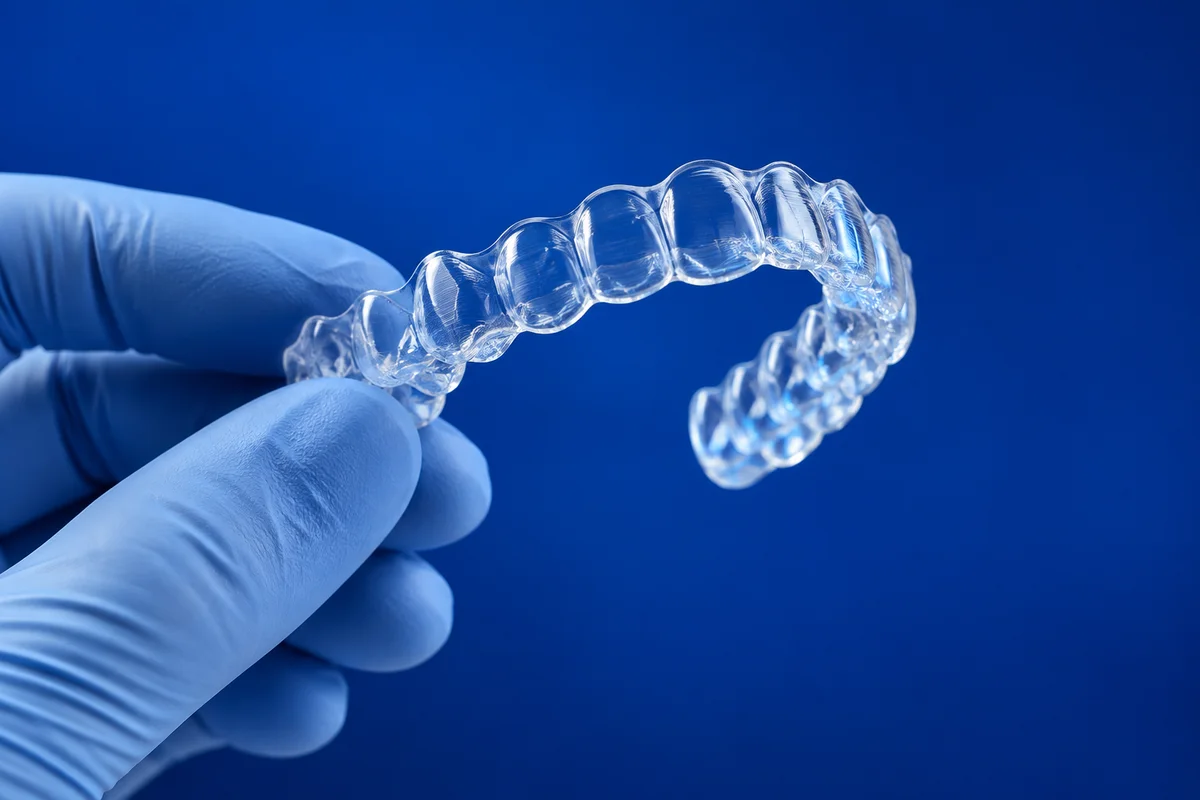 Alinhador transparente segurado por uma mão com luva
