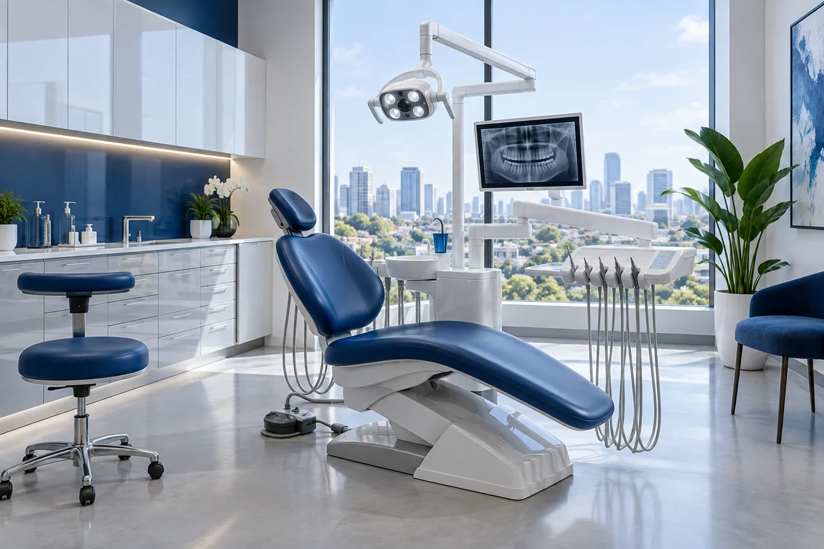 Consultório odontológico contemporâneo, iluminado e com cadeira azul