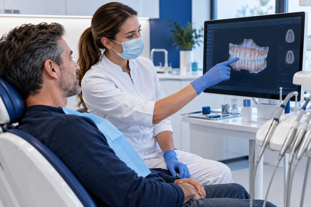 Dentista conversando com paciente sobre um exame digital