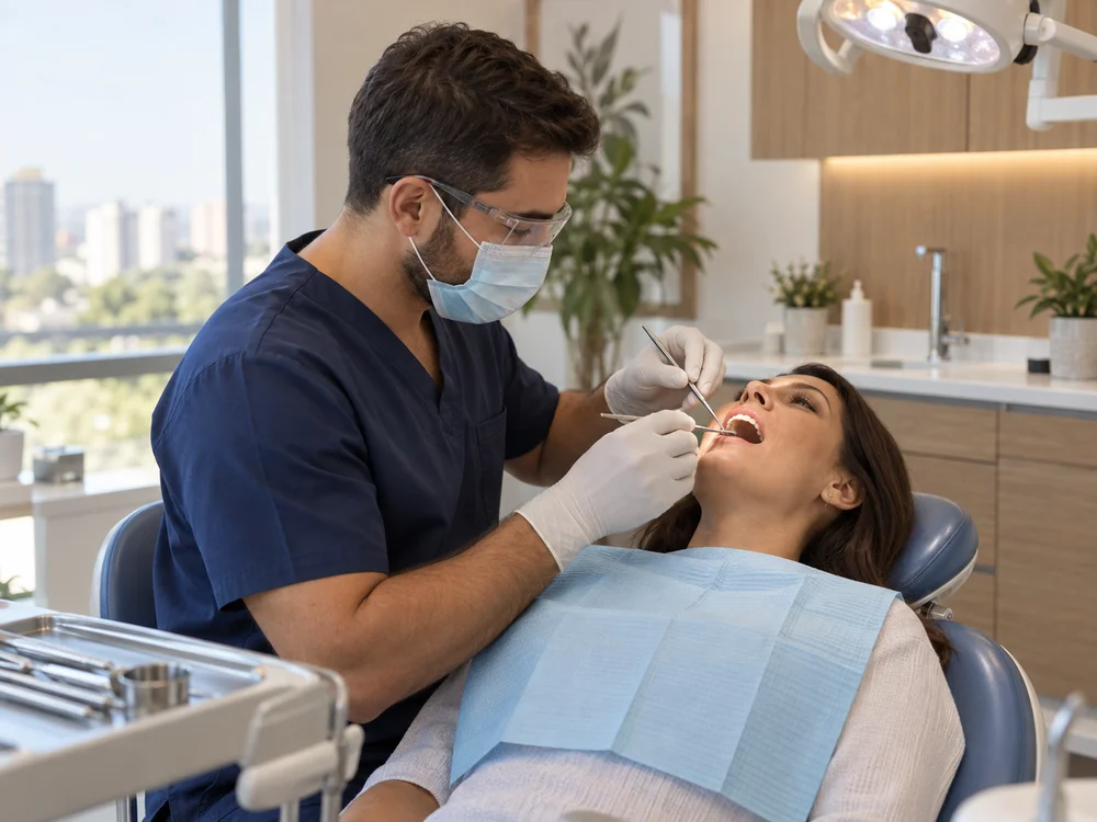 Dentista realizando exame de rotina em paciente, imagem gerada por IA