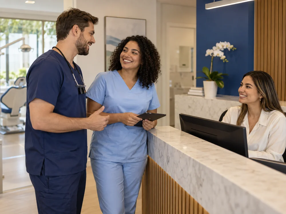 Equipe odontológica fictícia em conversa na recepção