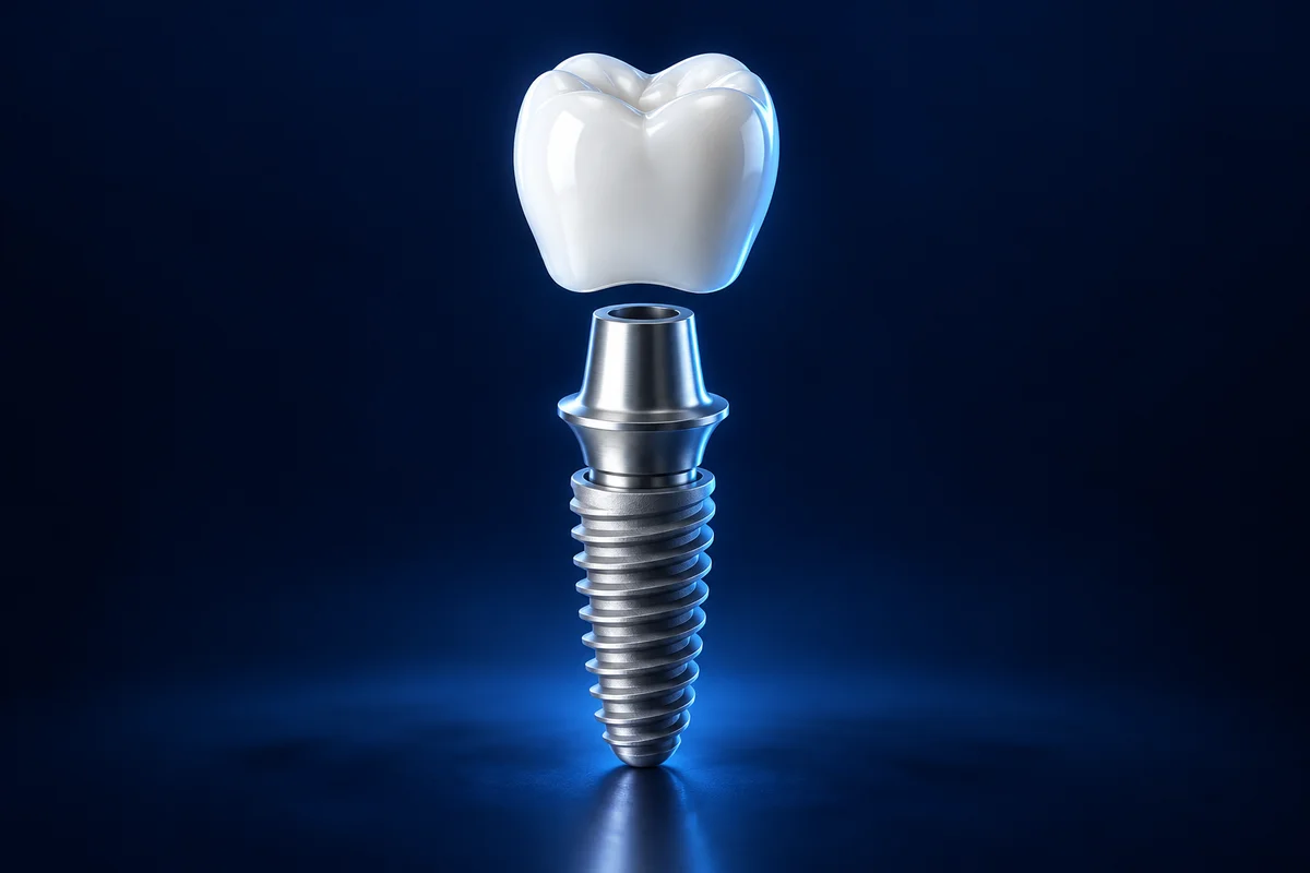 Ilustração de uma coroa dentária e um implante de titânio