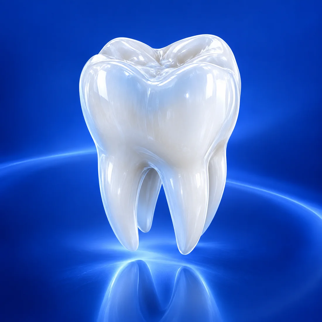 Ilustração tridimensional de um molar branco sobre fundo azul